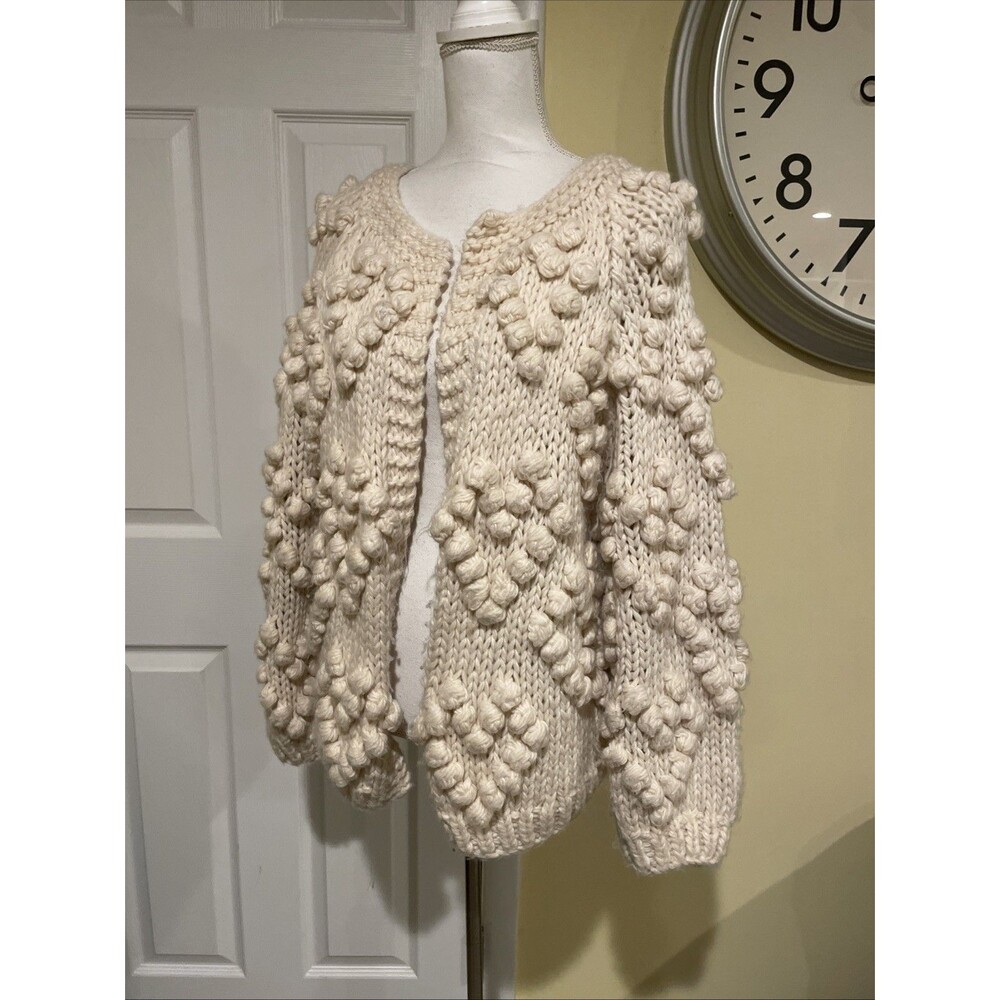 Chicwish Ivory Chunky Knit Pom Pom Hearts Cardigan Wool Blend Open Front Sweater